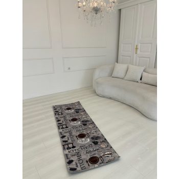 Kuchynský koberec 38910 sivý, s kávovým vzorom 60x180 cm