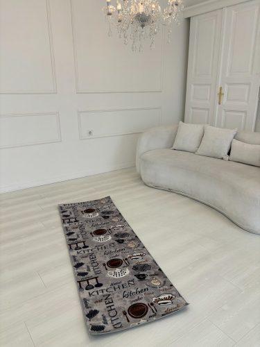 Kuchynský koberec 38910 sivý, s kávovým vzorom 60x180 cm